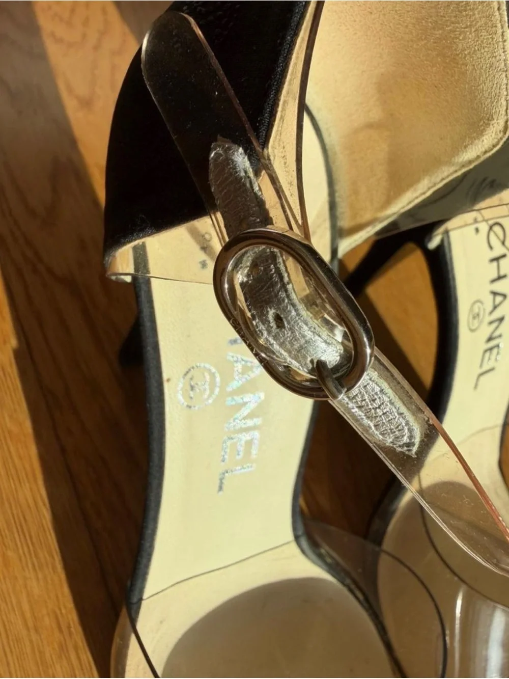 Chanel Black Fabric & Clear PVC Pointed-Toe Heels – Size 37.5